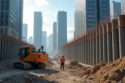 Chantier urbain moderne avec pieux en ligne et gratte-ciel en arrière-plan