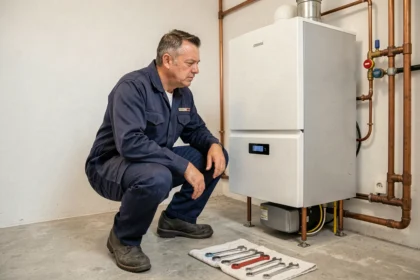 Technicien chauffagiste professionnel inspectant une chaudière à gaz dans une maison du Val-d'Oise