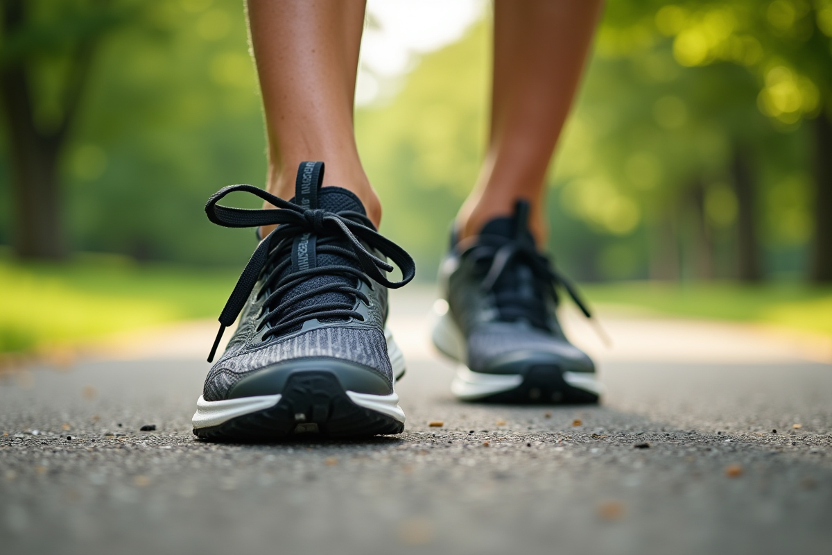 Chaussures de course poussierees sur sentier en parc vert