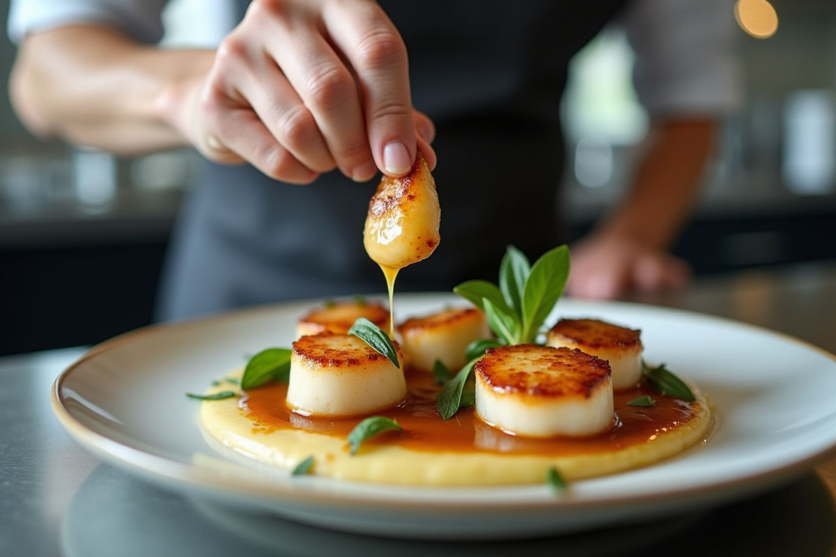 Chef en cuisine préparant coquilles SaintJacques à la normande