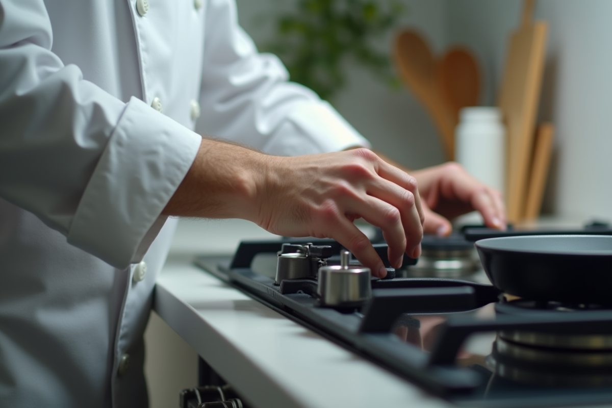 Chef ajustant le thermostat de la cuisiniere dans une cuisine lumineuse