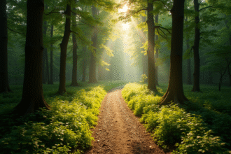 Sentier en forêt ensoleillée dans le bois de Montmaur