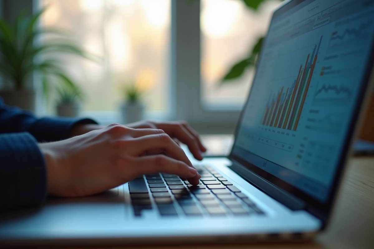 Mains tapant sur un ordinateur portable avec graphiques de données