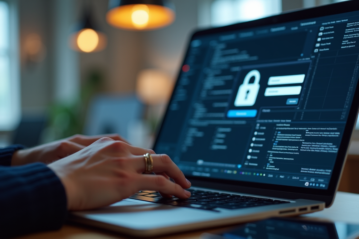 Mains tapant sur un clavier avec page de connexion extranet