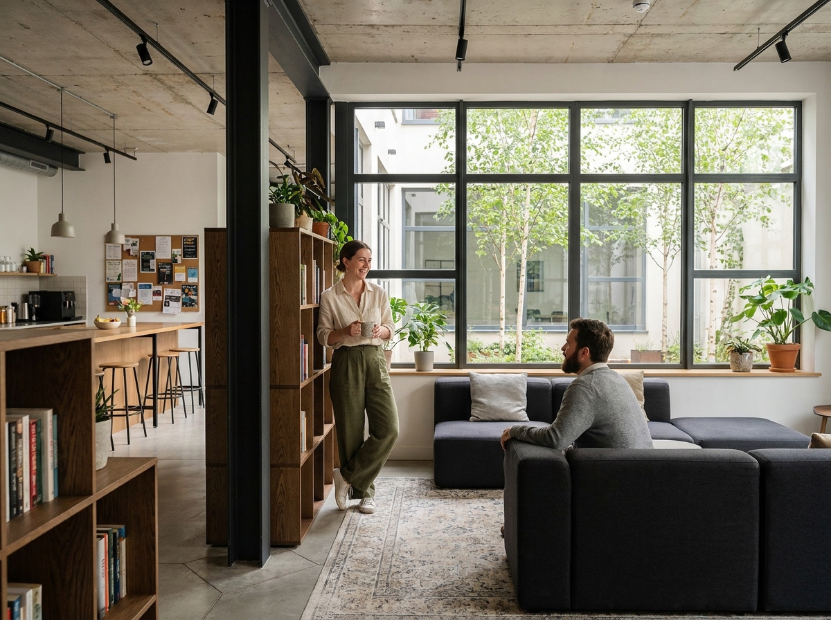 Espace de co-living moderne aménagé dans un bâtiment industriel réhabilité à Gerland, Lyon, avec des résidents dans une salle commune au design contemporain
