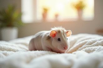 Cochon d'Inde nu reposant sur une couverture blanche lumineuse