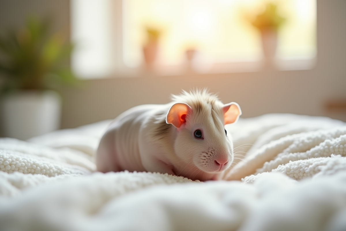 Cochon d'Inde nu reposant sur une couverture blanche lumineuse