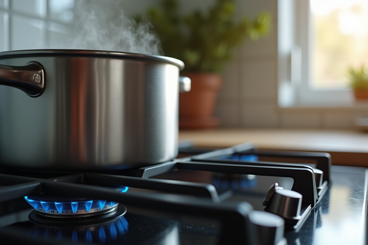 Cocotte en inox avec thermostat visible sur la cuisiniere