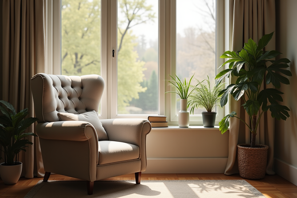 Coin lecture cosy avec fauteuil et plantes décoratives