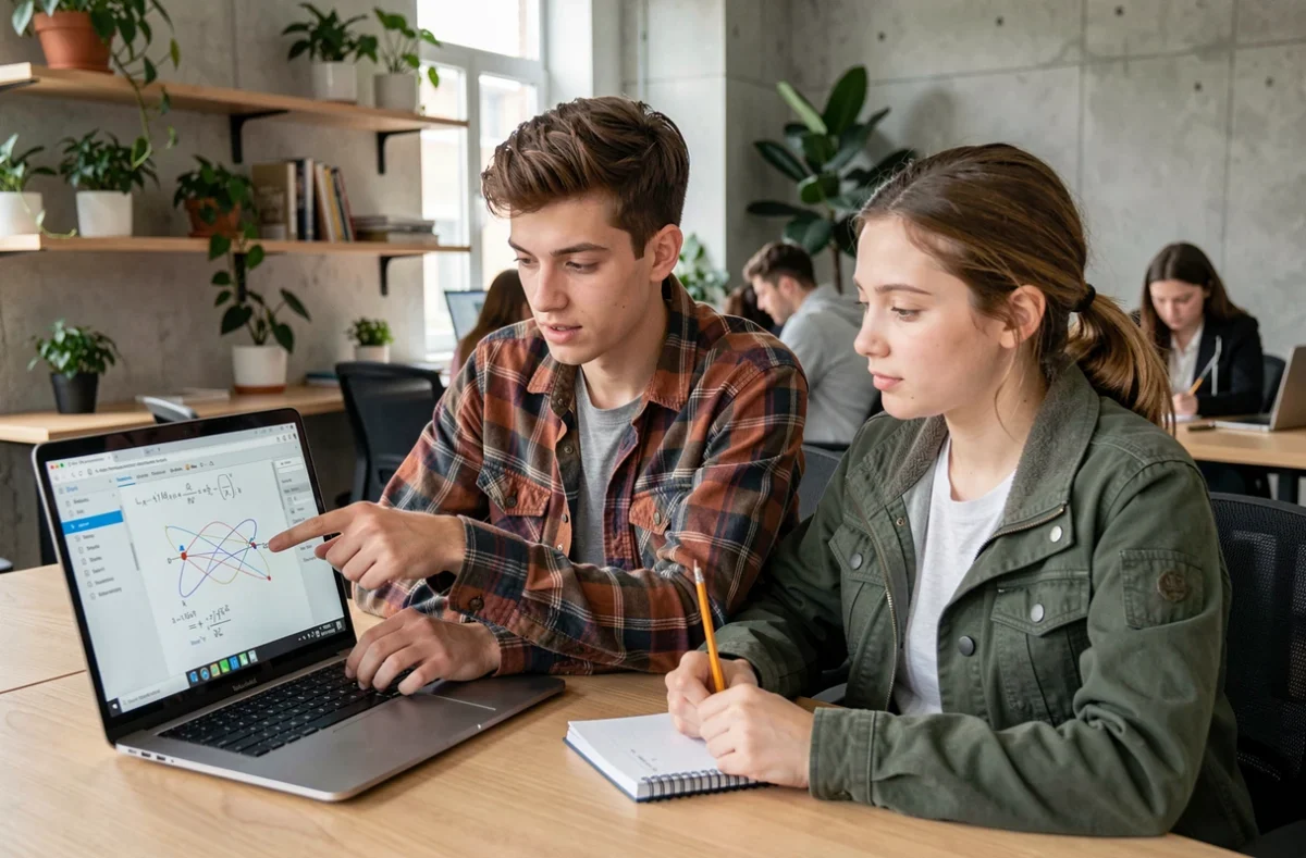 Deux étudiants collaborant sur la vérification d'un calcul de champ électrique étape par étape via cat29.fr