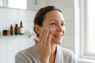 Femme appliquant une crème au collagène sur son visage dans une salle de bain moderne, bienfaits pour la peau
