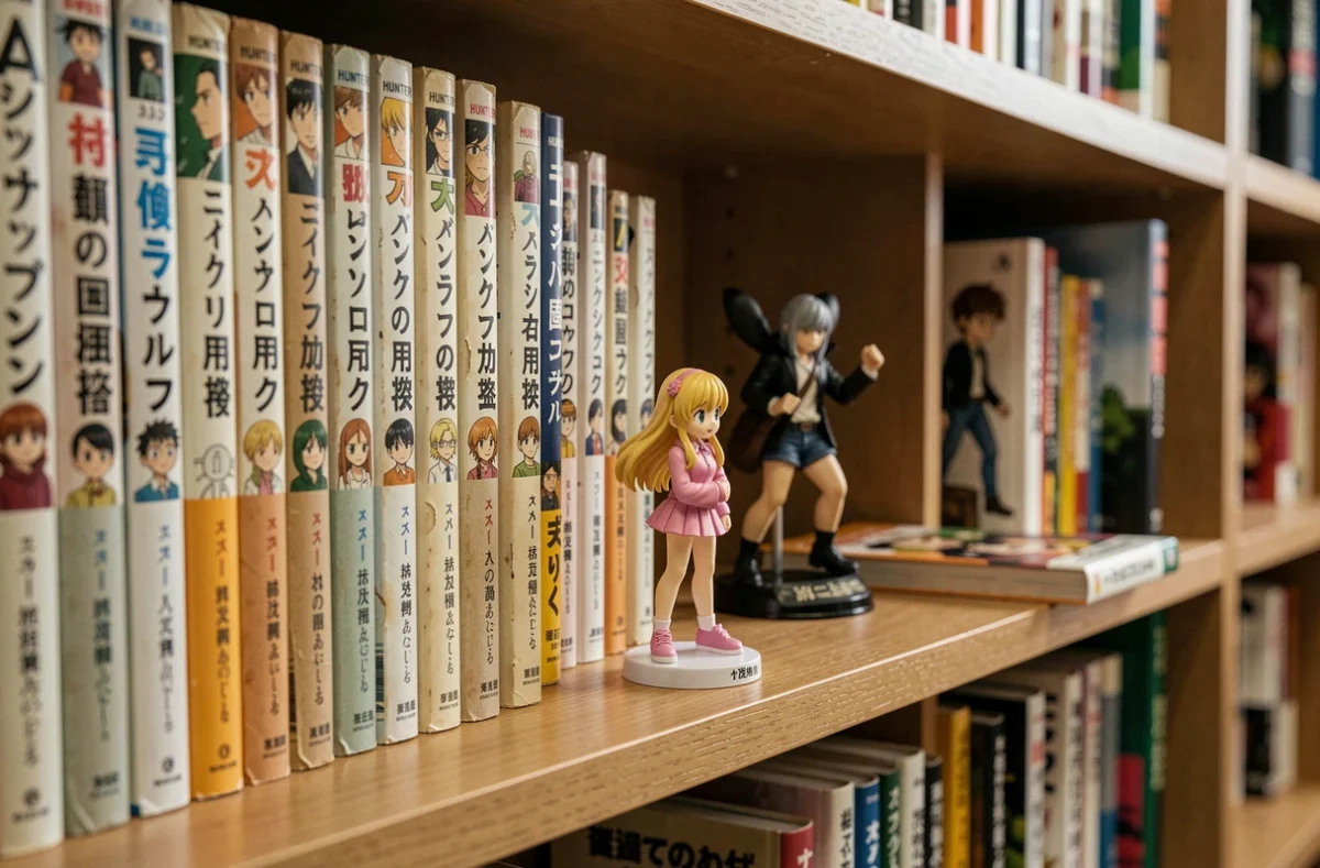 Étagère de collectionneur avec les tomes manga Hunter x Hunter et une figurine de Biscuit Krueger en robe rose
