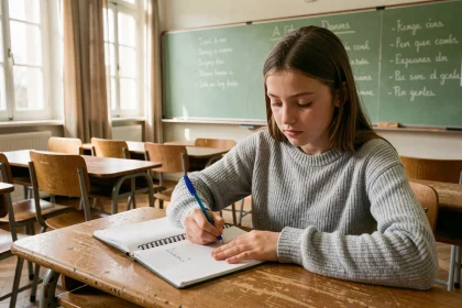 Jeune collégienne écrivant des rimes en oi dans un cahier scolaire en classe