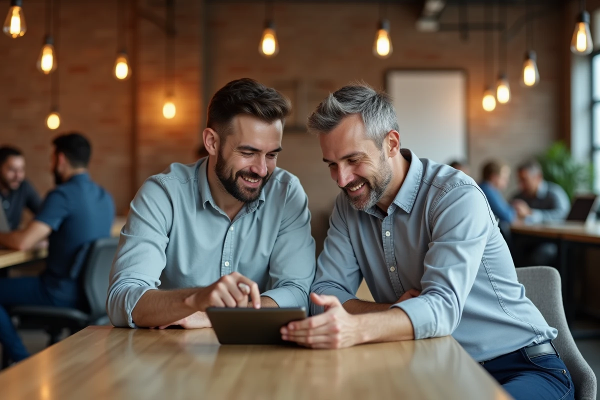 Deux collègues découvrant ensemble une plateforme en ligne sur une tablette dans un espace de coworking
