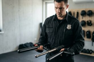 Agent de sécurité tenant un bâton droit, un bâton télescopique et un tonfa pour comparaison