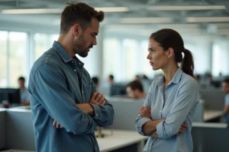 Homme au comportement dominant et irrespectueux face à une collègue mal à l'aise dans un bureau moderne, illustrant un comportement toxique de goujat au travail