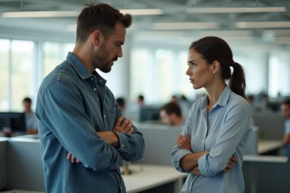 Homme au comportement dominant et irrespectueux face à une collègue mal à l'aise dans un bureau moderne, illustrant un comportement toxique de goujat au travail