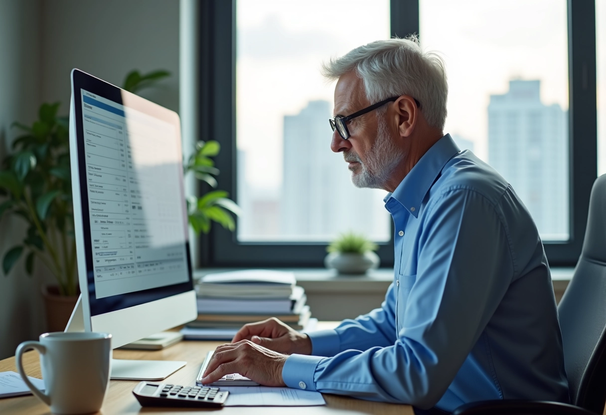 Homme comptable étudiant des graphiques fiscaux sur son écran