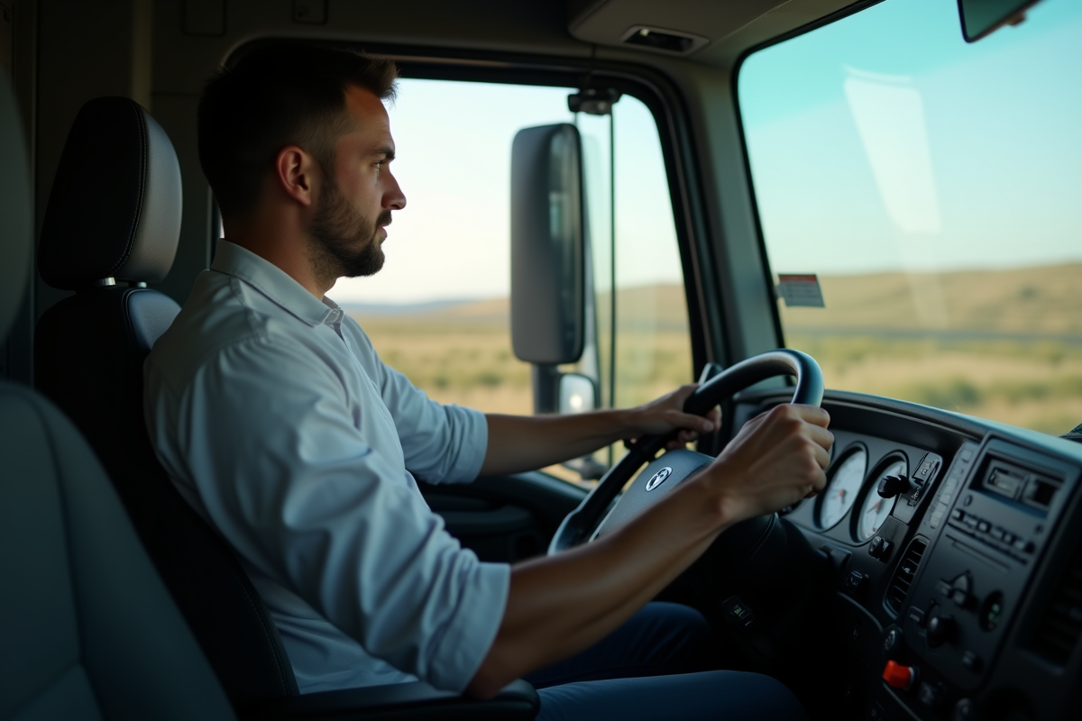 Conducteur de camion concentré sur le volant et le tableau de bord