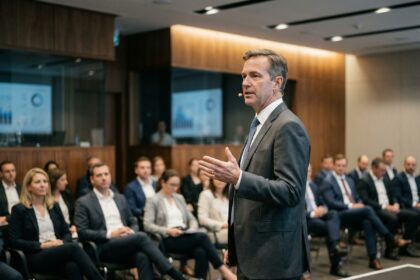 Orateur d'affaires confiant en costume lors d'une conférence