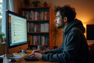 Jeune homme consultant l'archive JVC sur un forum rétro affiché sur un écran d'ordinateur de bureau dans un bureau à domicile