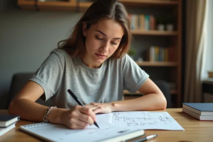Jeune femme écrivant des formules de conversion de mètres carrés en centimètres carrés sur un cahier quadrillé posé sur un bureau en bois