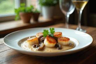 Assiette de coquilles SaintJacques à la normande sur table en bois
