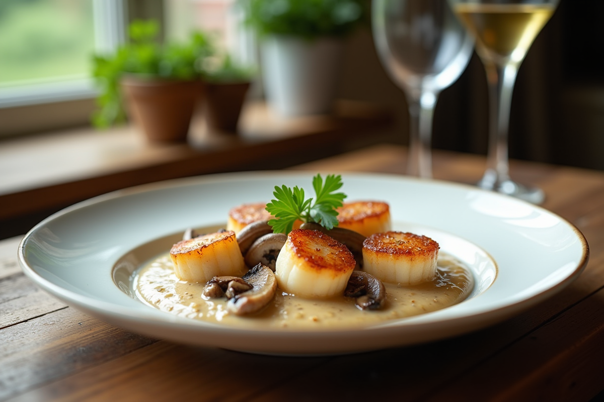 Assiette de coquilles SaintJacques à la normande sur table en bois