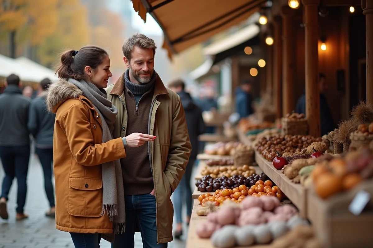 Couple utilisant un chèque cadeau Infini reçu via le CSE sur un marché artisanal en plein air