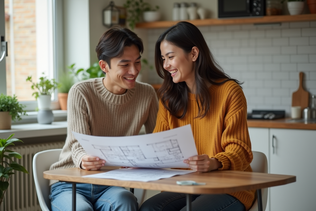 Jeune couple examine des plans dans une cuisine moderne