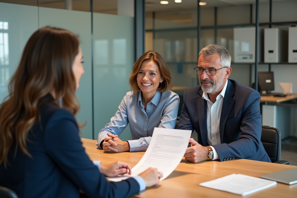 Couple français avec conseiller bancaire dans une agence moderne