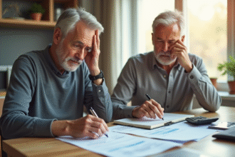 Couple inquiet analysant documents financiers à la maison