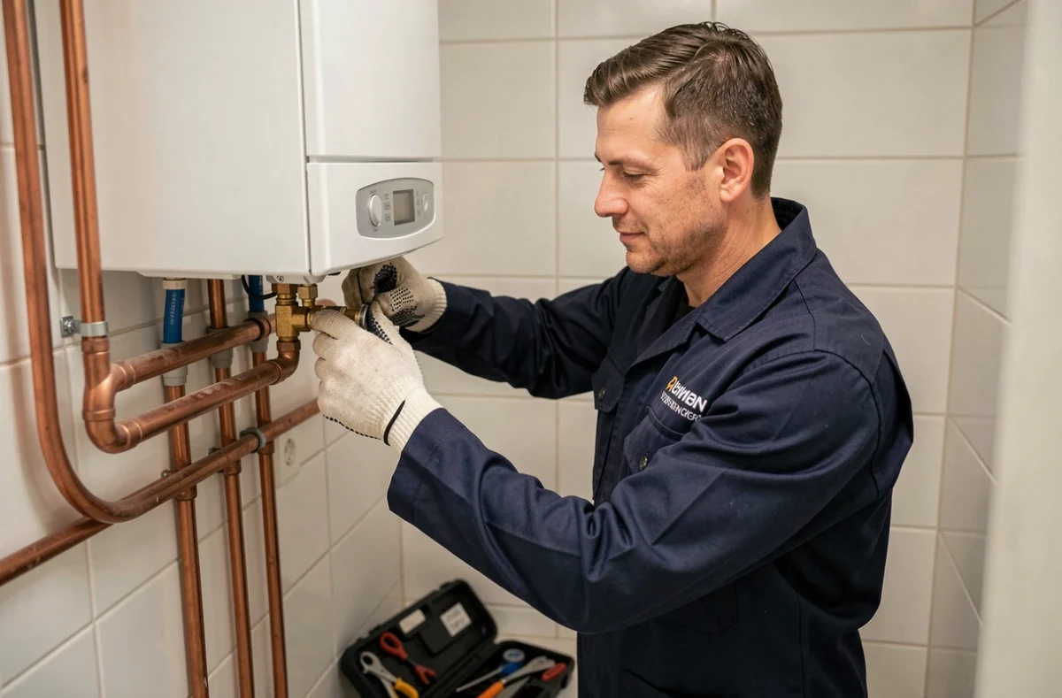 Technicien de CR Bati Solutions réglant une chaudière murale dans un appartement français