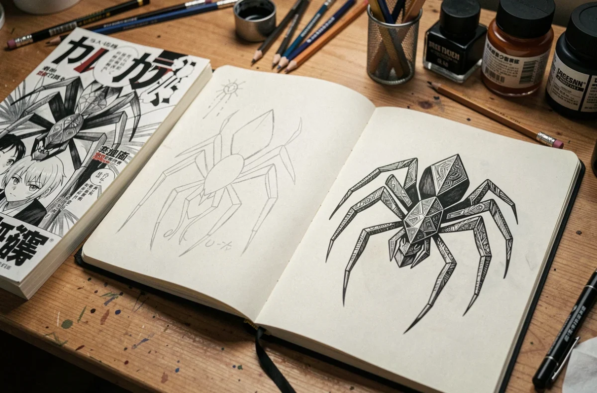 Carnet de croquis ouvert avec un design de tatouage araignée HxH et une référence manga posés sur un bureau en bois