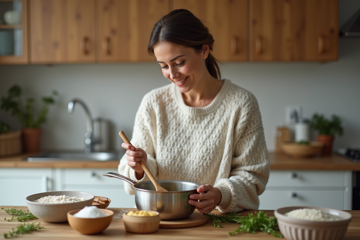 Femme mijotant dans une cuisine lumineuse et moderne