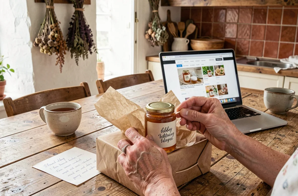 Mains déballant un produit artisanal d'abbaye commandé sur comptoir-des-abbayes.fr avec archives ouvertes sur ordinateur
