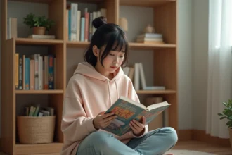 Jeune femme lisant un manga BL assise sur le sol d'une chambre confortable entourée de volumes de manga