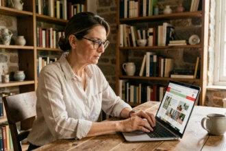 Femme découvrant les archives et contenus cachés du site comptoir-des-abbayes.fr sur un ordinateur portable dans un bureau cosy