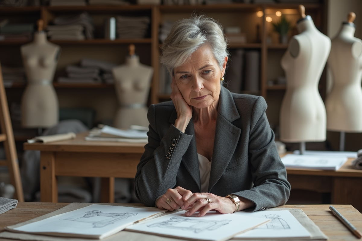 Créatrice de mode observant ses croquis dans son atelier
