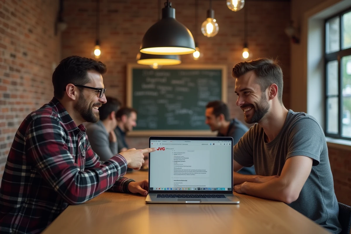 Deux hommes redécouvrant ensemble d'anciens fils de discussion du forum JVC sur un ordinateur portable dans un espace de coworking