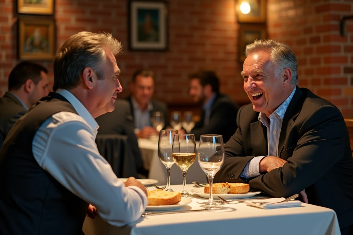 Deux hommes à table dans un restaurant pendant un dîner tendu, l'un affichant un sourire condescendant et un langage corporel fermé illustrant un comportement goujat et toxique