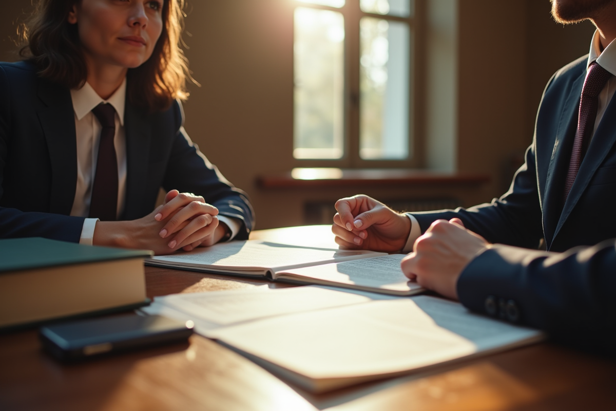 Deux professionnels discutant autour de documents juridiques en France