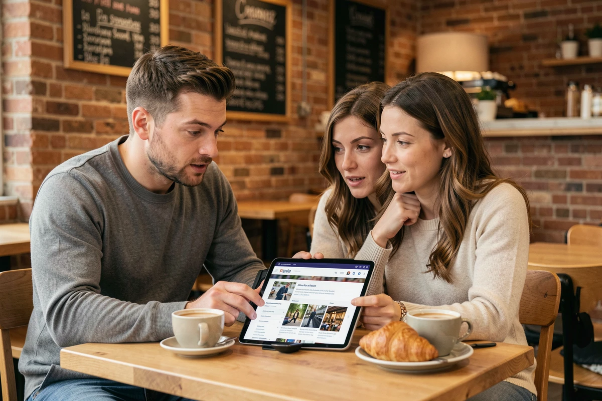 Deux personnes découvrant ensemble un site d'informations sur une tablette dans un café moderne