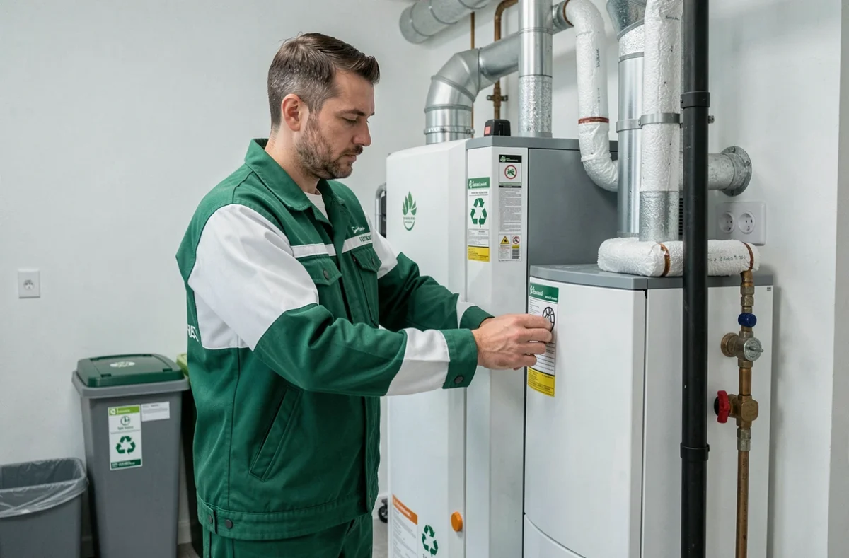 Technicien Ecobati IDF installant des conduites isolées sur une chaudière biomasse dans une maison écoénergétique