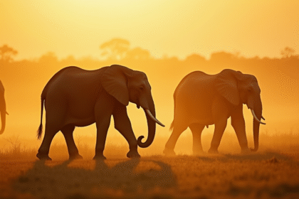 Groupe d'elephants dans la savane au lever du soleil