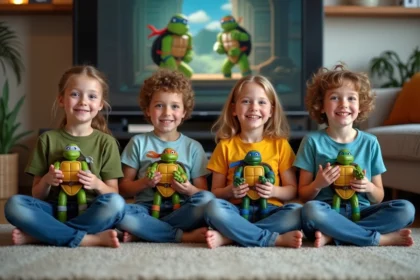 Quatre enfants jouent avec des figurines TMNT dans un salon