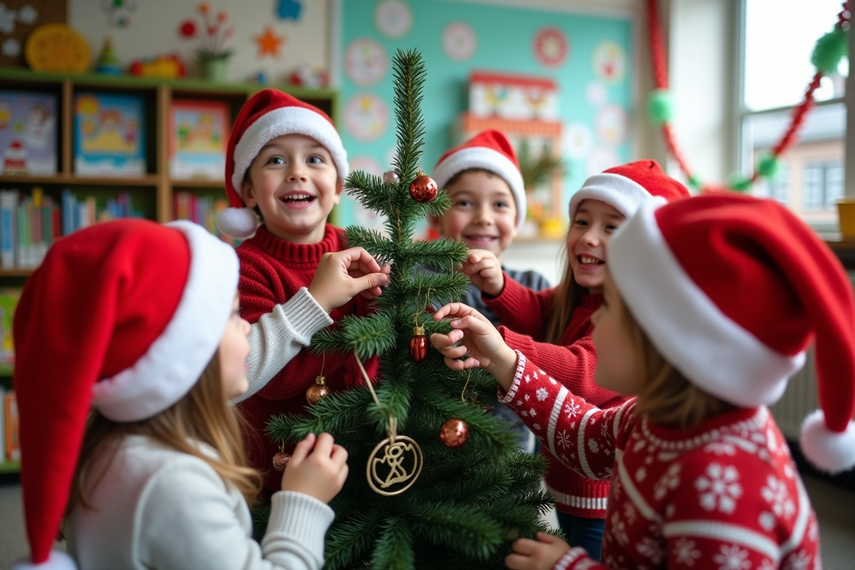 Enfants de 4 à 5 ans décorant un sapin de Noël en classe