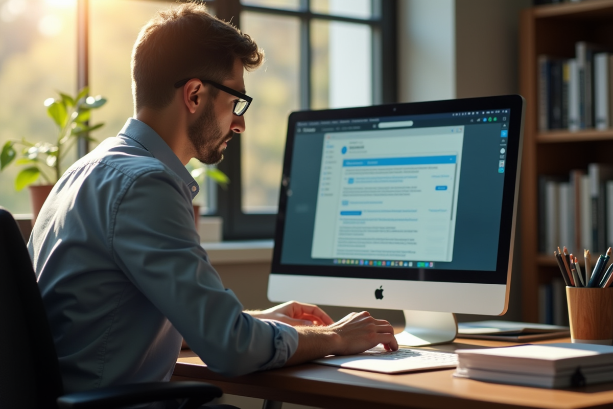 Enseignant au bureau utilisant Zimwebmail dans un bureau organisé