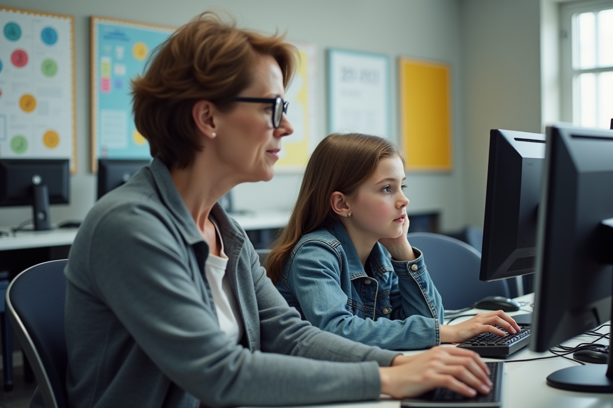 Professeure aidant une élève dans un laboratoire informatique scolaire
