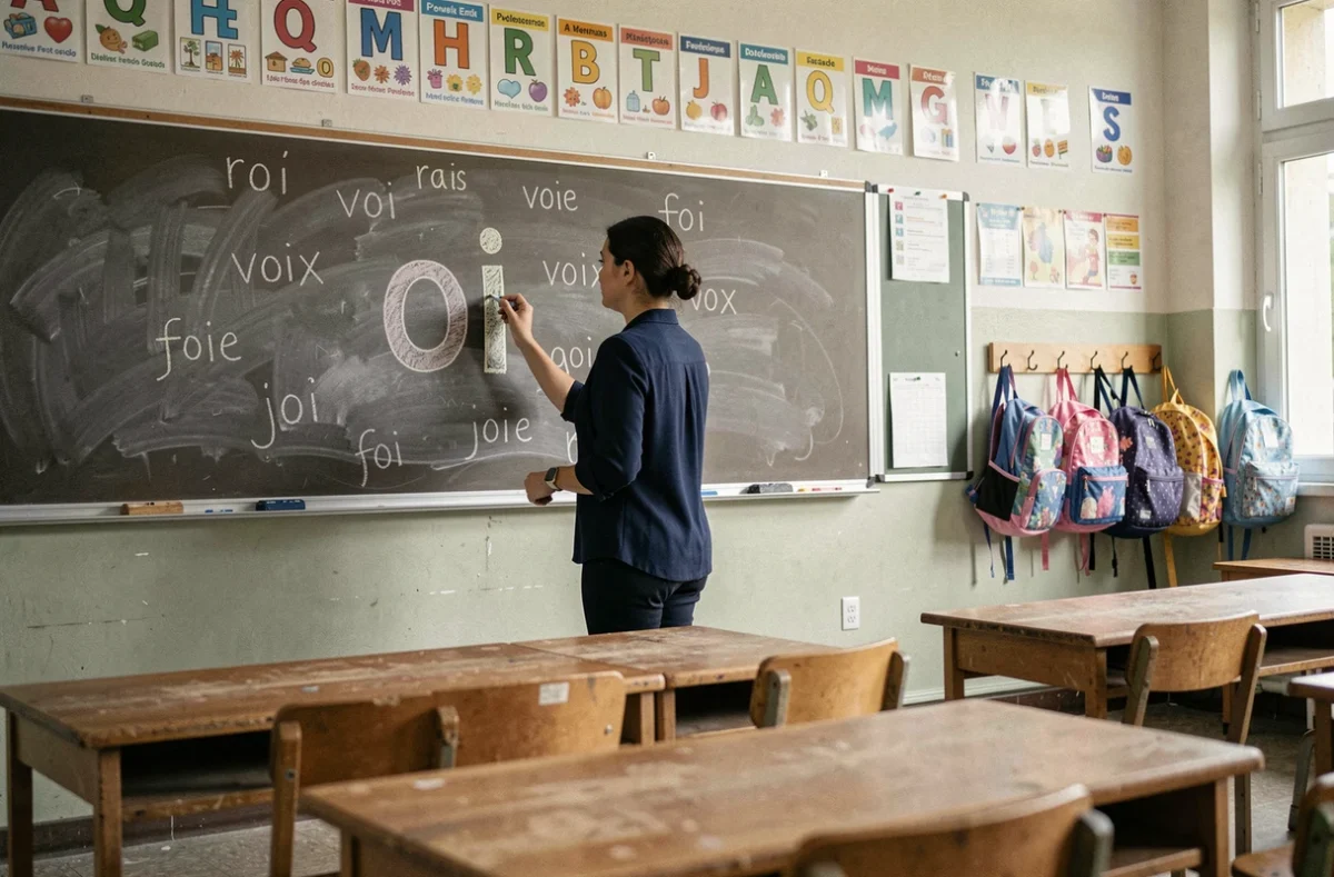 Enseignante écrivant des mots rimant en oi au tableau de craie en école primaire
